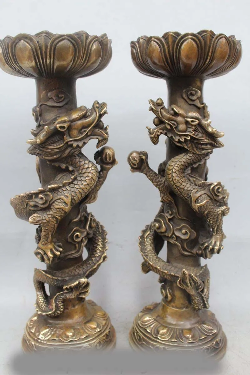 

16 Old Chinese Palace Bronze Dragon Bead Statue Candle Holder Candlestick Pair