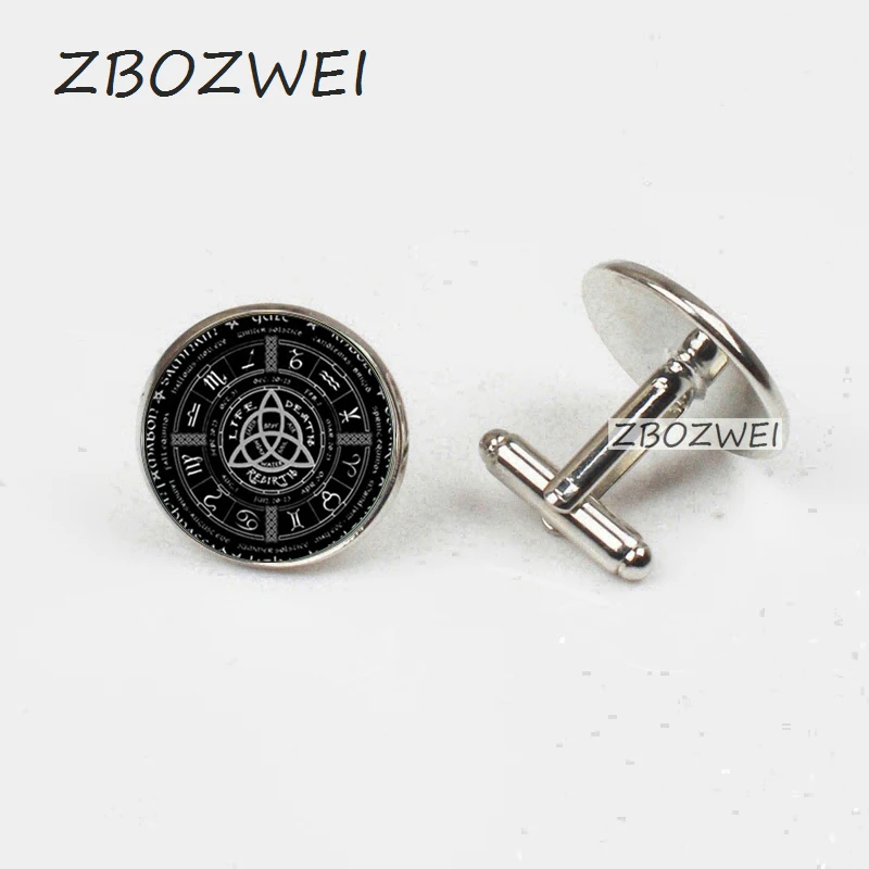 

ZBOZWEI 2018 New Pagan Wheel Of The Year Cufflinks Pentagram Round Photo Wiccan Jewelry Glass Cabochon Cufflinks gift