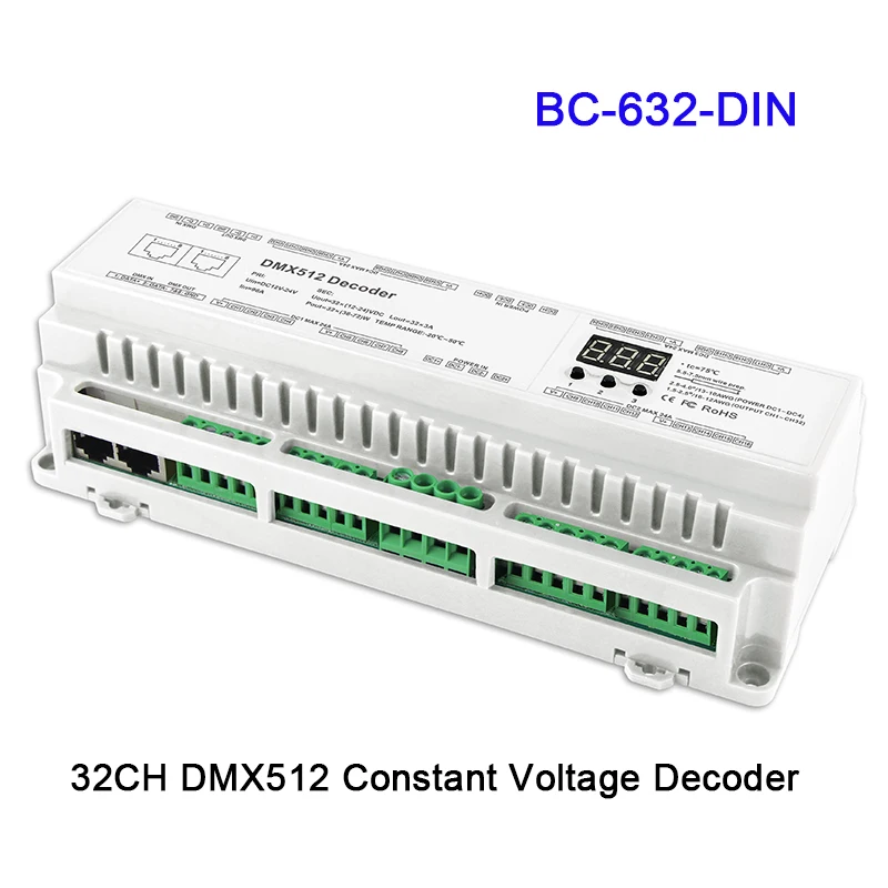

BC-624-DIN/BC-632-DIN/BC-640-DIN 24/32/40CH DMX512/8bit/16bit Input DC12V-24V RJ45 Connect LED RGB/RGBW Strip lamp Decoder