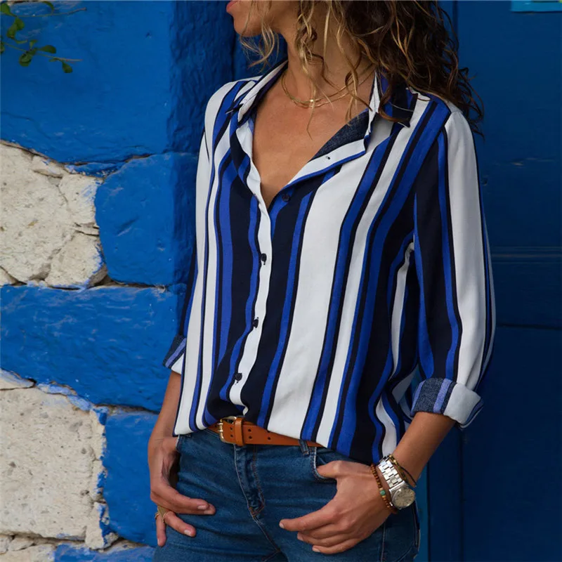 Женские блузки мода длинный рукав отложной воротник офисная шифоновая блузка рубашка повседневные топы плюс размер - Цвет: Navy Blue