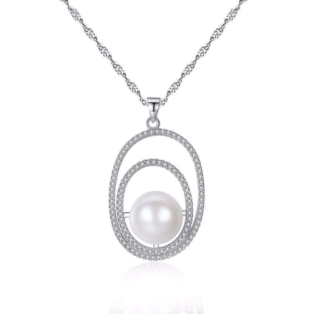 Luxury Woman Simple Oval Pendant With Round Freshwater Necklace 925 Sterling Silver Jewelry | Украшения и аксессуары