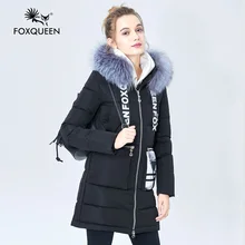Foxqueen 2017 Новый женские Зимние Толщиной Хлопок Моды Пальто И Пиджаки Пальто Средней Длины С Капюшоном Меховой Воротник Бесплатная Доставка