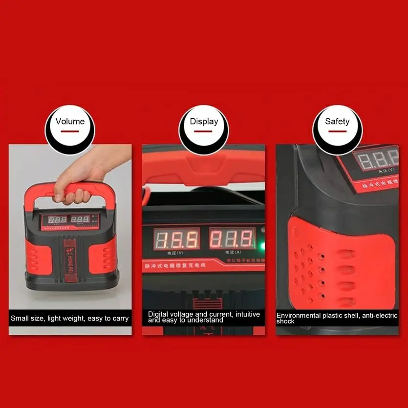 

General Handheld Car Battery Charger Dual LED Display Automatic Pulse Repair Type Smart Fast Charging Machine for Cars Trucks