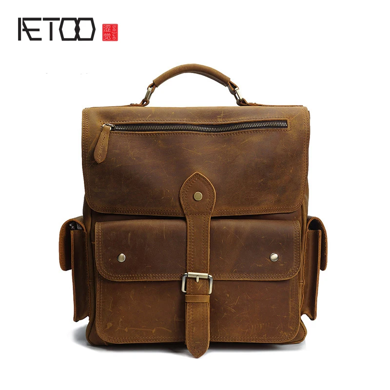 

AETOO Mad horse leather fashion backpacks leather shoulder bag hand retro large capacity fashion first layer of leather men bag