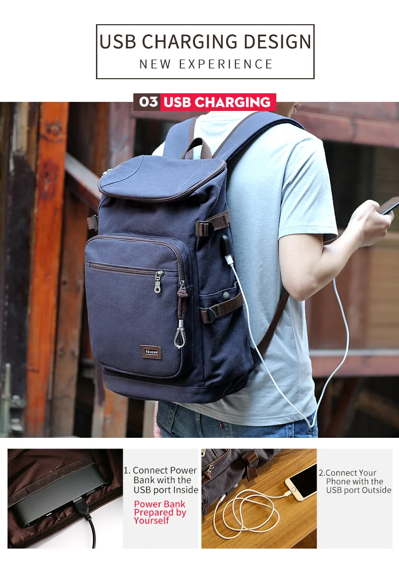 Mezee 2019 Новый Для мужчин рюкзак с usb-портом Холст Рюкзак Мода Большой Ёмкость сумка для Для мужчин повседневный рюкзак для 15,6''