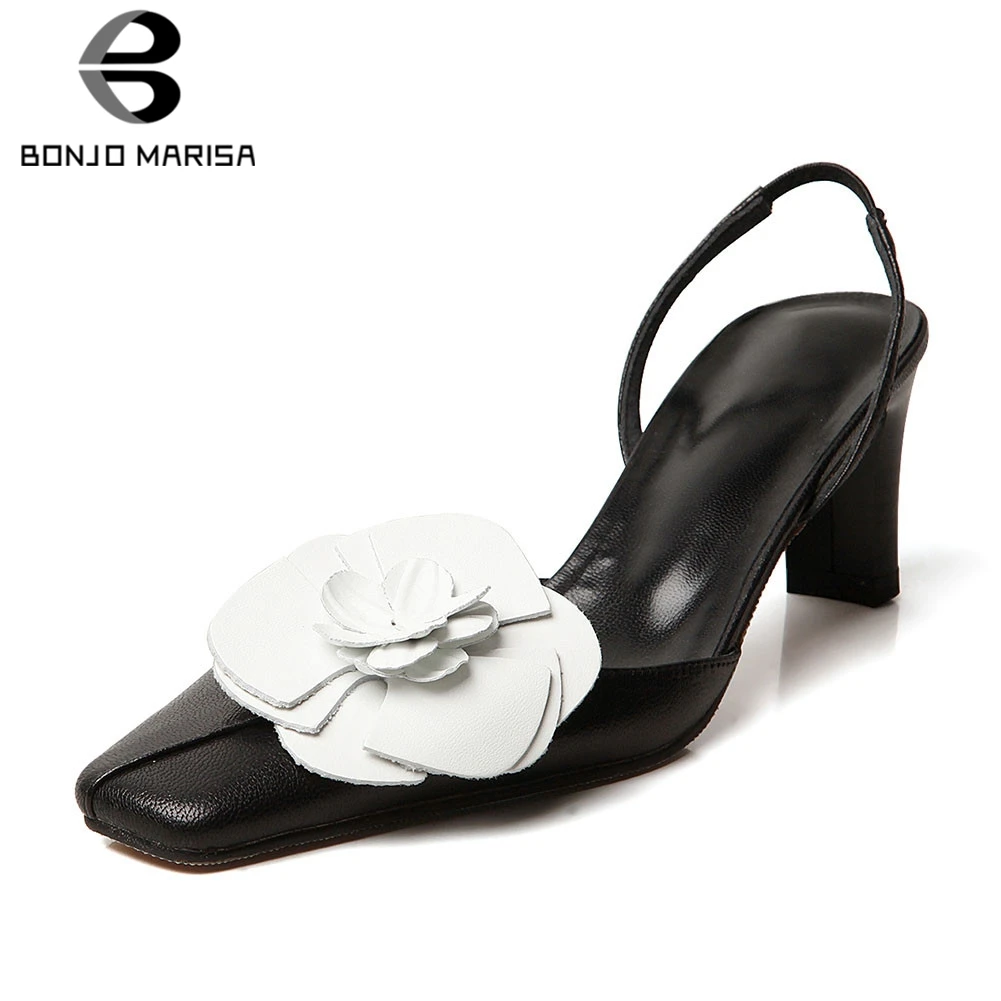 

BONJOMARISA Brand New INS Hot women's Genuine Leather Flower Ladies High Heels Shoes Woman Casual Office Summer Sandals 2019