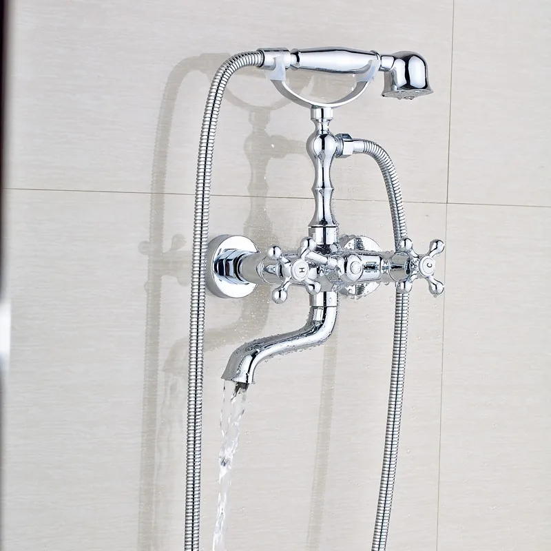 Полированный хром Ванная комната двойной ручкой смеситель для ванны, раковины настенный телефон Стиль Ванна Смесители с ручной душ
