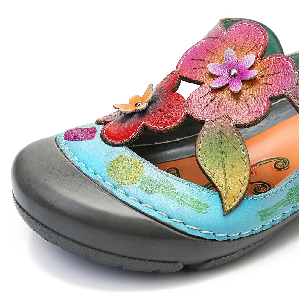 SOCOFY/сандалии из натуральной кожи в стиле ретро с цветочным узором и строчкой; Повседневная Винтажная обувь на плоской подошве; Новинка