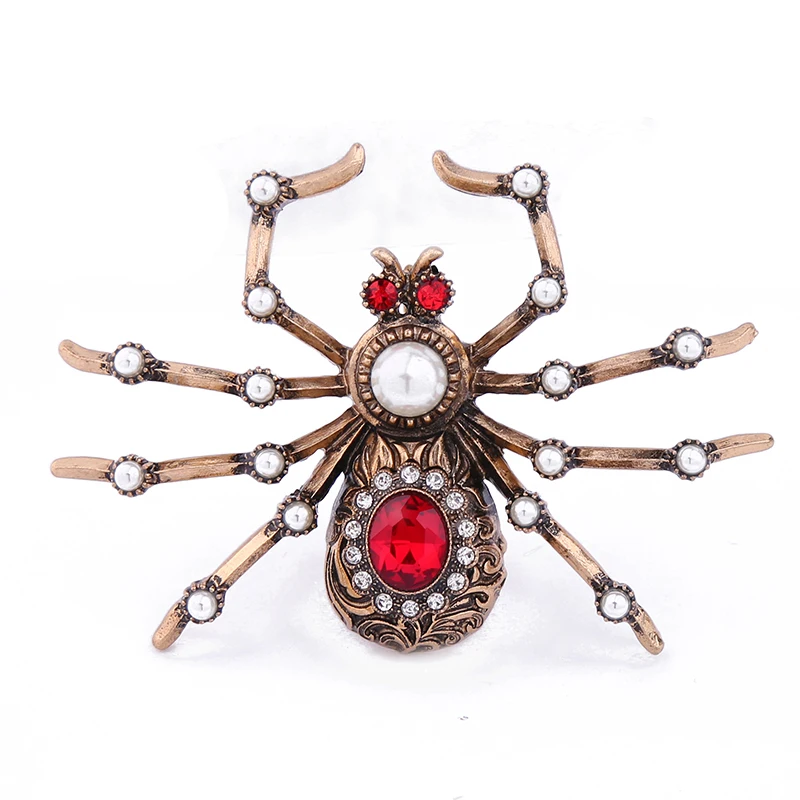 

White Simulated Pearl Crystal Big Spider Brooches 2017 Hot Sale Red Glass Charm Accessory Antique Gold Color Vintage Brooch Pin