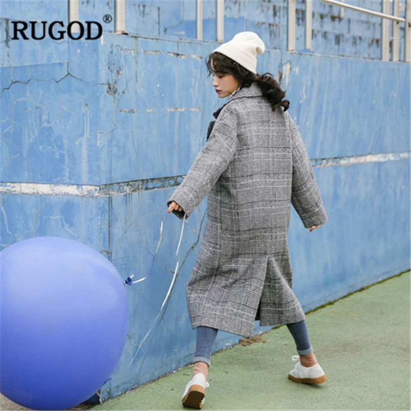 RUGOD винтажное шерстяное пальто в клетку зимнее длинное 2018 модный Европейский
