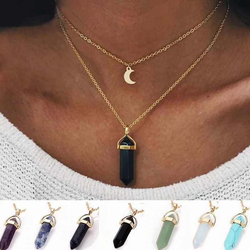 

Bohemia Hexagonal Column Quartz Moon Choker Necklace Fashion Natural Stone Bullet Crystal Pendant Necklace For Women Jewelry