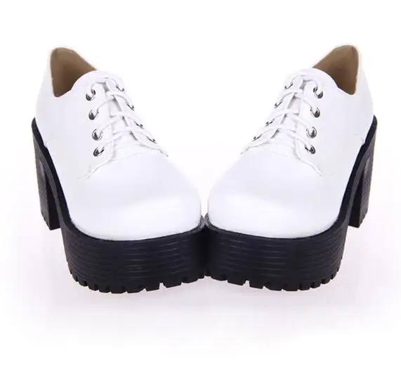 White Punk Lace up Oxfords Vegan Leather with Short Block Heel and Chunky Treaded Soles