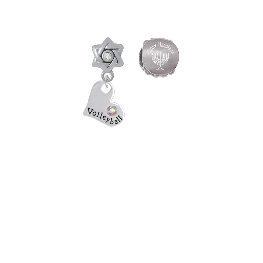 Heart with ''Volleyball'' and AB Crystal Happy Hanukkah Charm Beads (Set of 2)