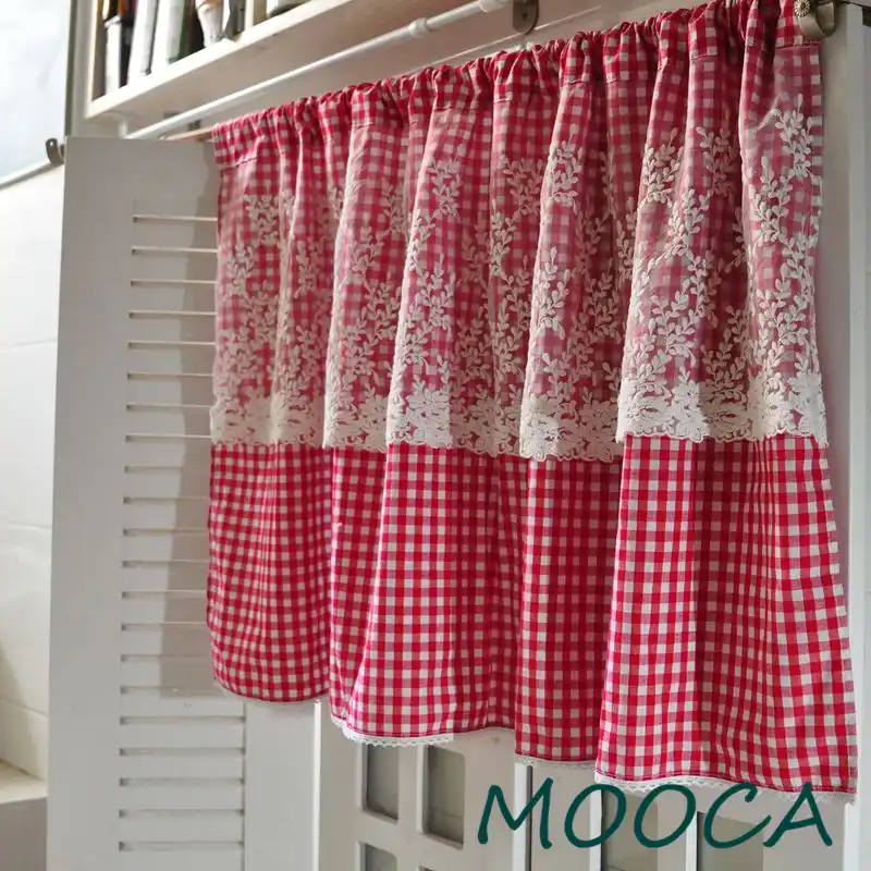 Red White Gingham Checkered Plaid Curtain With Lace Short Kitchen Red White Gingham Checkered Plaid