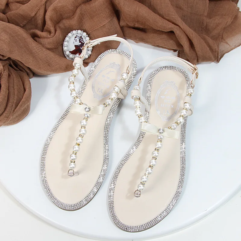 

2018 new bow clip rhinestone clip toe sandals women summer flat simple bohemian flat with women's shoes