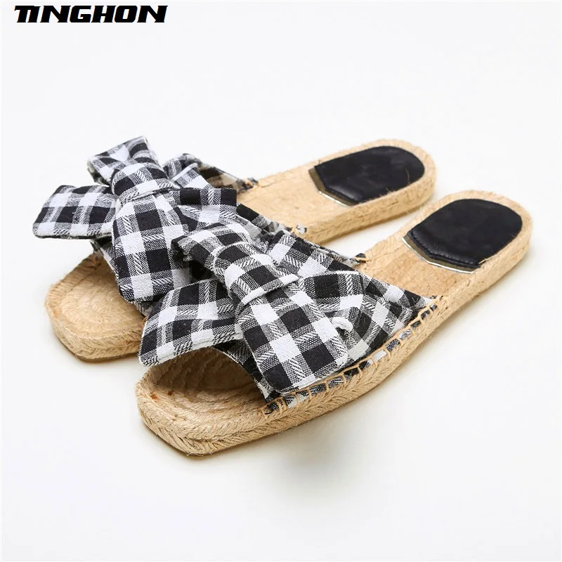 

TINGHON New Women Spring Ethnic Casual Espadrilles Flat Black white lattice Printed Embroider Slip on Fishermen Hemp Rope shoes