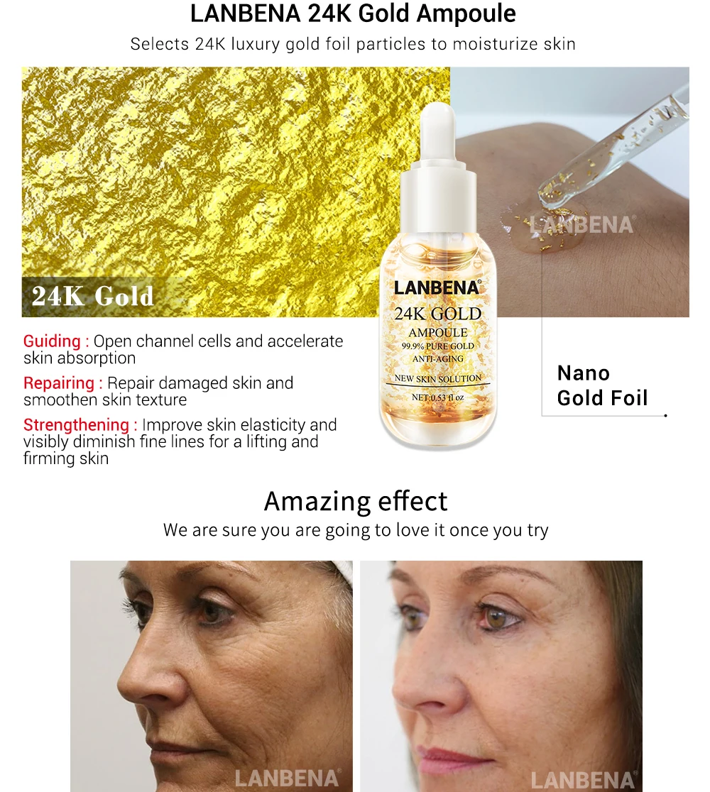 LANBENA 24 K золото + золото шелк коллаген + серебро шелк ампулы сыворотка анти-Aging осветлить пятна увлажняющий отбеливание подтяжка кожи уход за