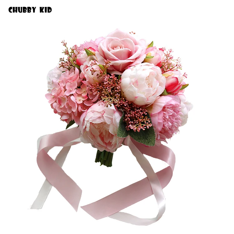 

Artificial pink rose and peony silk flowers wedding bouquet bride 's bouquet bridal bouquet pink color fake bouquet