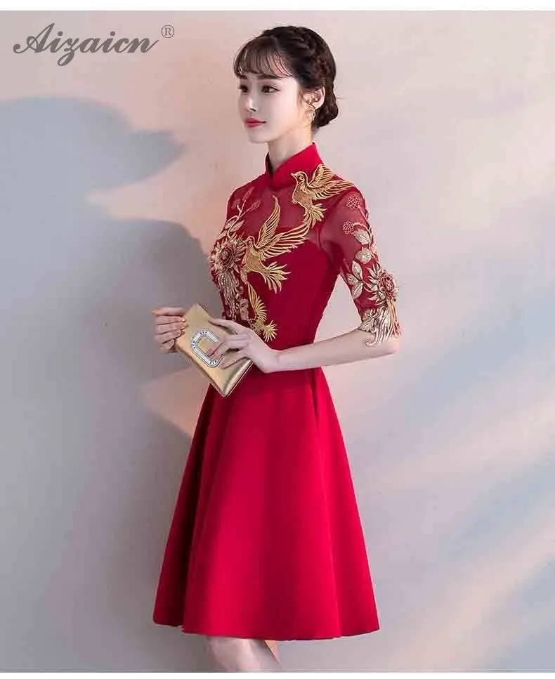 Красный невесты короткий Cheongsam Современная вышивка Qi Pao женский китайский традиционный свадебный платье Ципао Chinoise вечерние платья