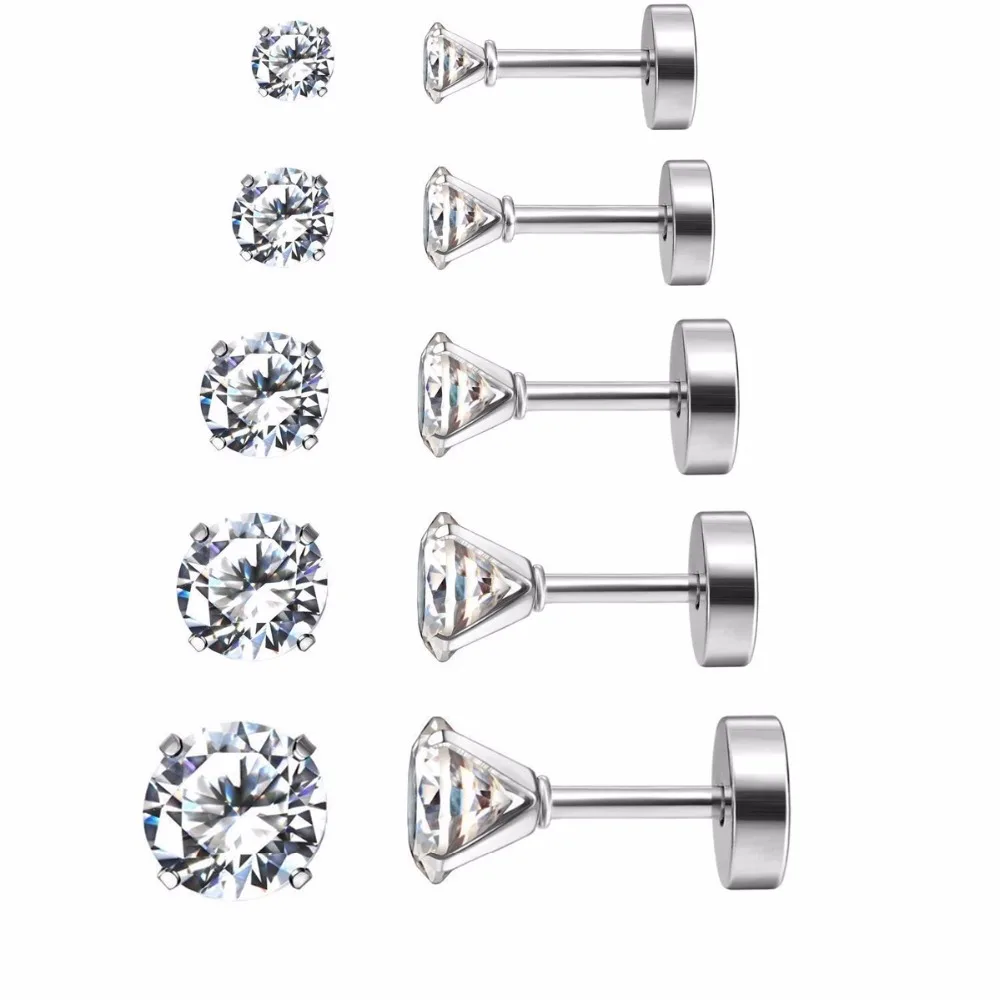Unisex 5 pairs stainless steel clear zircon 3mm 7mm women stud earring