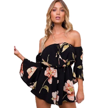 

Women Sexy Off Shoulder Playsuit Floral Printed Tops Shorts Jumpsuit Flare Sleeve Loose Boho Beachwear Summer Slim Bodysuits XL