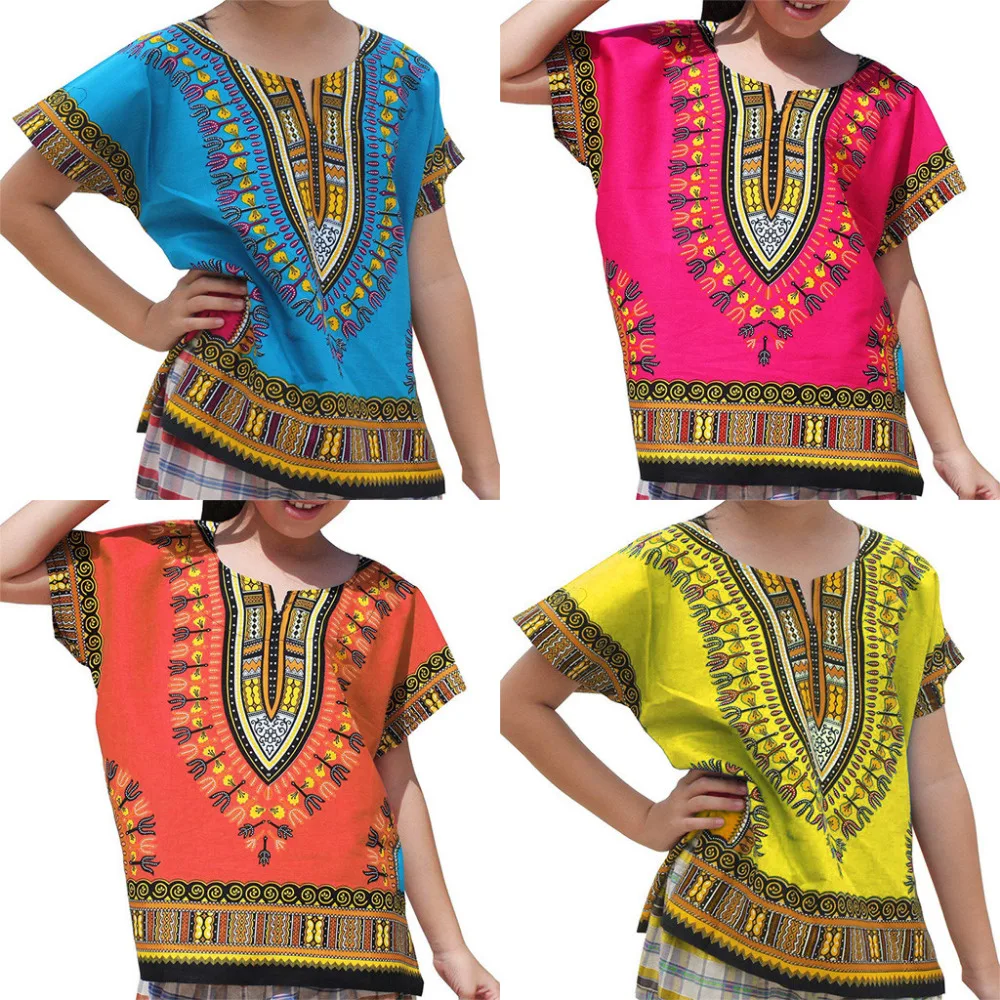 National Style Summer Shirt Cotton T Shirt Kids Unisex Bright African Colour Child Dashiki T Shirt Tee Tops F417