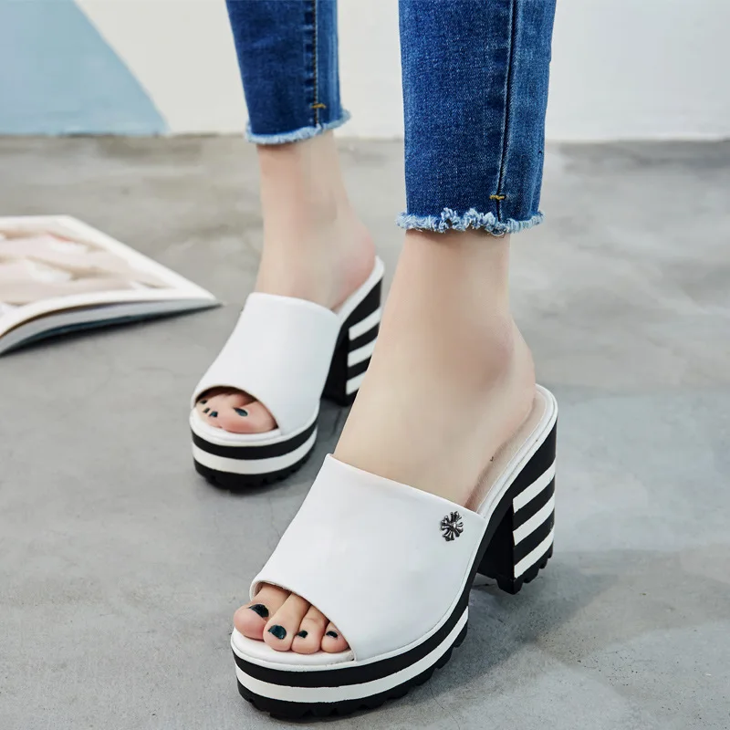 

2019 Genuine Leather Woman Sandals Sponge High Slipper Woman Non-slip Fish Mouth Word Sandals