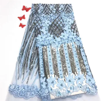 

High class 3D flower design tulle material French net lace fabric with beads for evening dress PNZ793(5yards/lot)