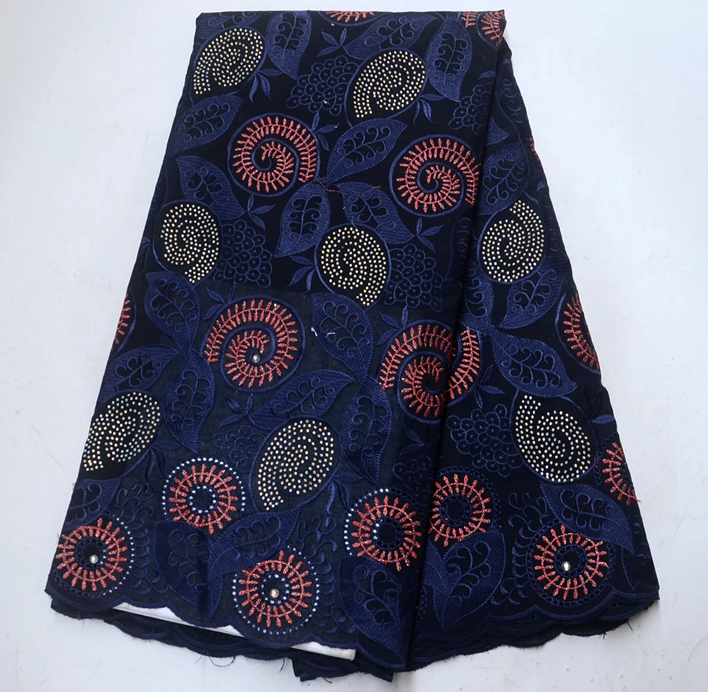 

Hot selling Navy blue african swiss voile lace with stone fabric high quality best cotton african lace fabric for party dress