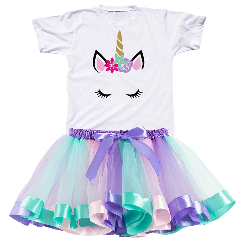 Unicorn Girl Clothing Sets Rainbow Princess Tutu Dress And Cotton T-Shirt Girls Party Suits Toddler Baby Kids Birthday Present