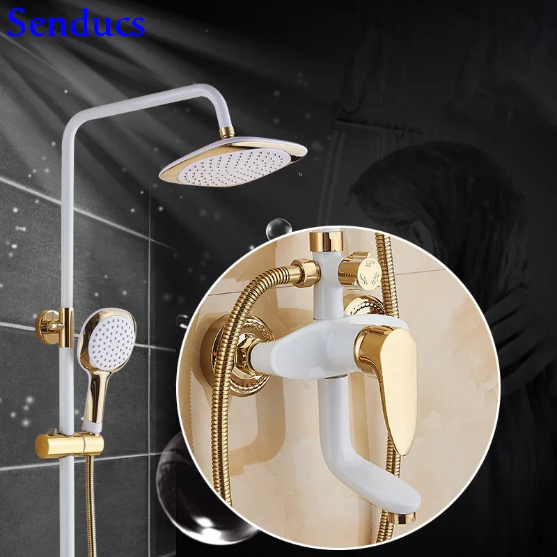 

Senducs Intelligent White Gold Shower Set 8 Inch Rain Shower Head Quality Brass Bathtub Shower Faucet Newly White Shower System