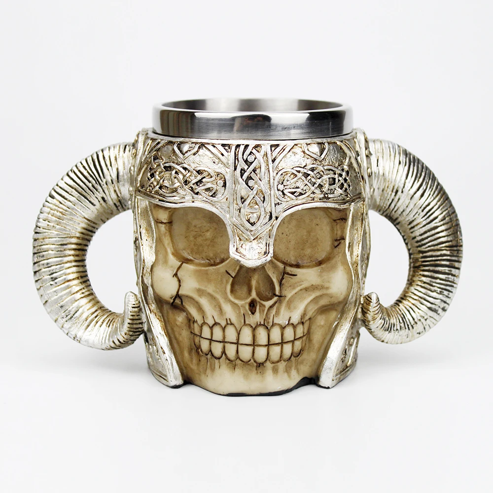 

Stainless Steel Skull Mug with Head Horned Handle Samoan Viking Gothic Design Coffee Beer Tankard Mugs BEST Halloween Gift