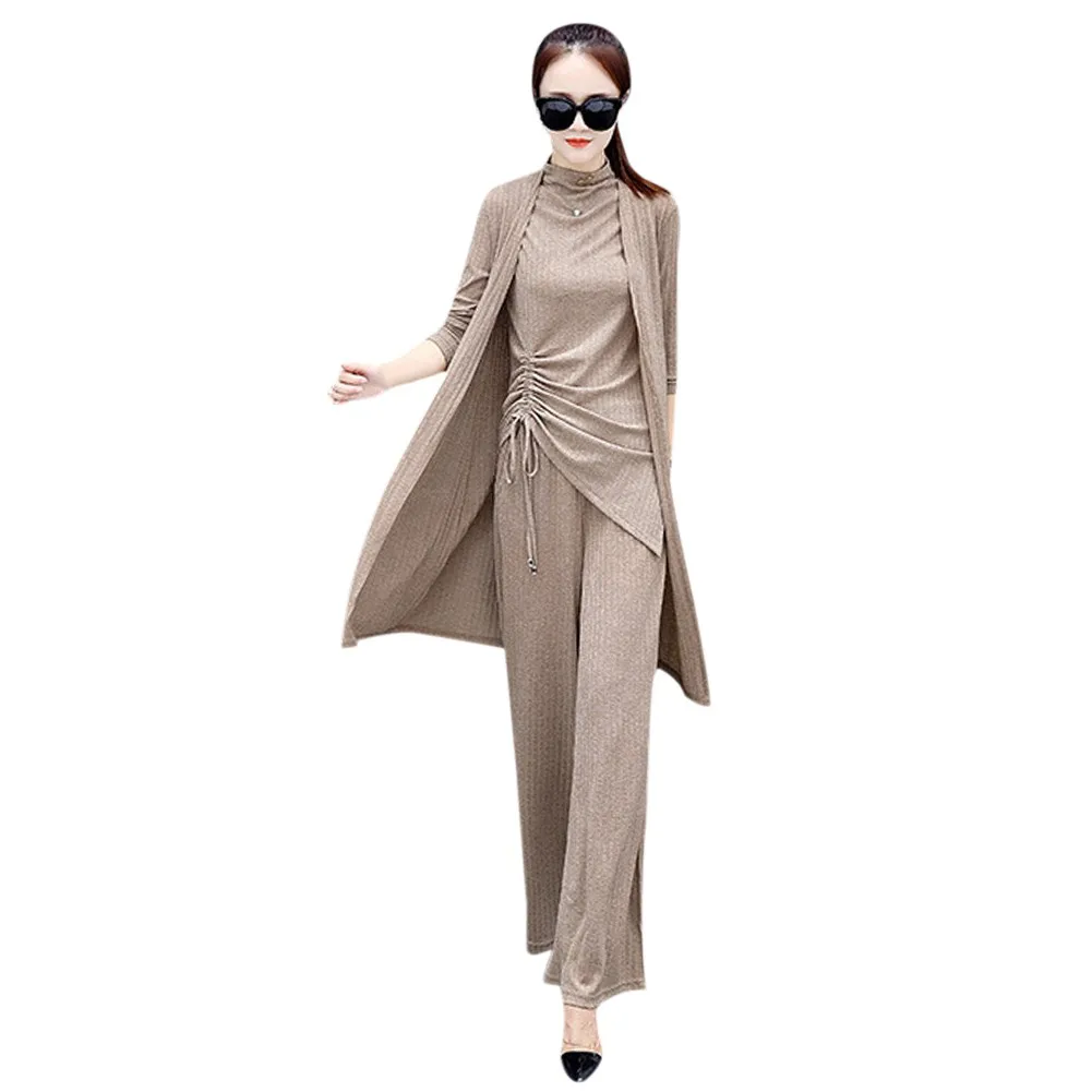 

Knitted 3PCS/ Set Women Tracksuit Long Sleeve Cardigan and Sleeveless Pullover Tops and Wide Leg Pants Suit Women's Sets