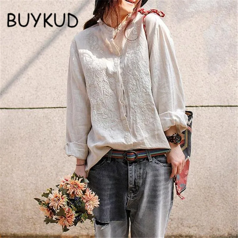 BUYKUD/Повседневная льняная блузка с вышивкой новинка 2018 рубашка длинными рукавами
