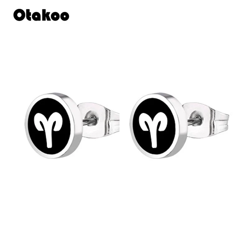 Otakoo Винтаж нержавеющая сталь Aries унисекс Мужские сережки-гвоздики 2 шт серебро и черный цвет