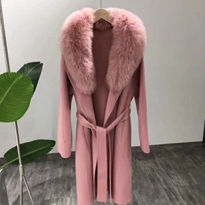 Женское кашемировое пальто, двухстороннее шерстяное пальто с большим воротником из лисьего меха, длинное зимнее кашемировое пальто с длинными рукавами, верхняя одежда - Цвет: Розовый