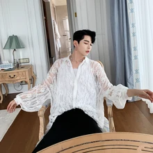 Мужские Винтажные модные Кружевные Полые рубашки для мужчин и женщин, уличная одежда в стиле хип-хоп с длинным рукавом, большие размеры, свободные вечерние рубашки черного и белого цвета