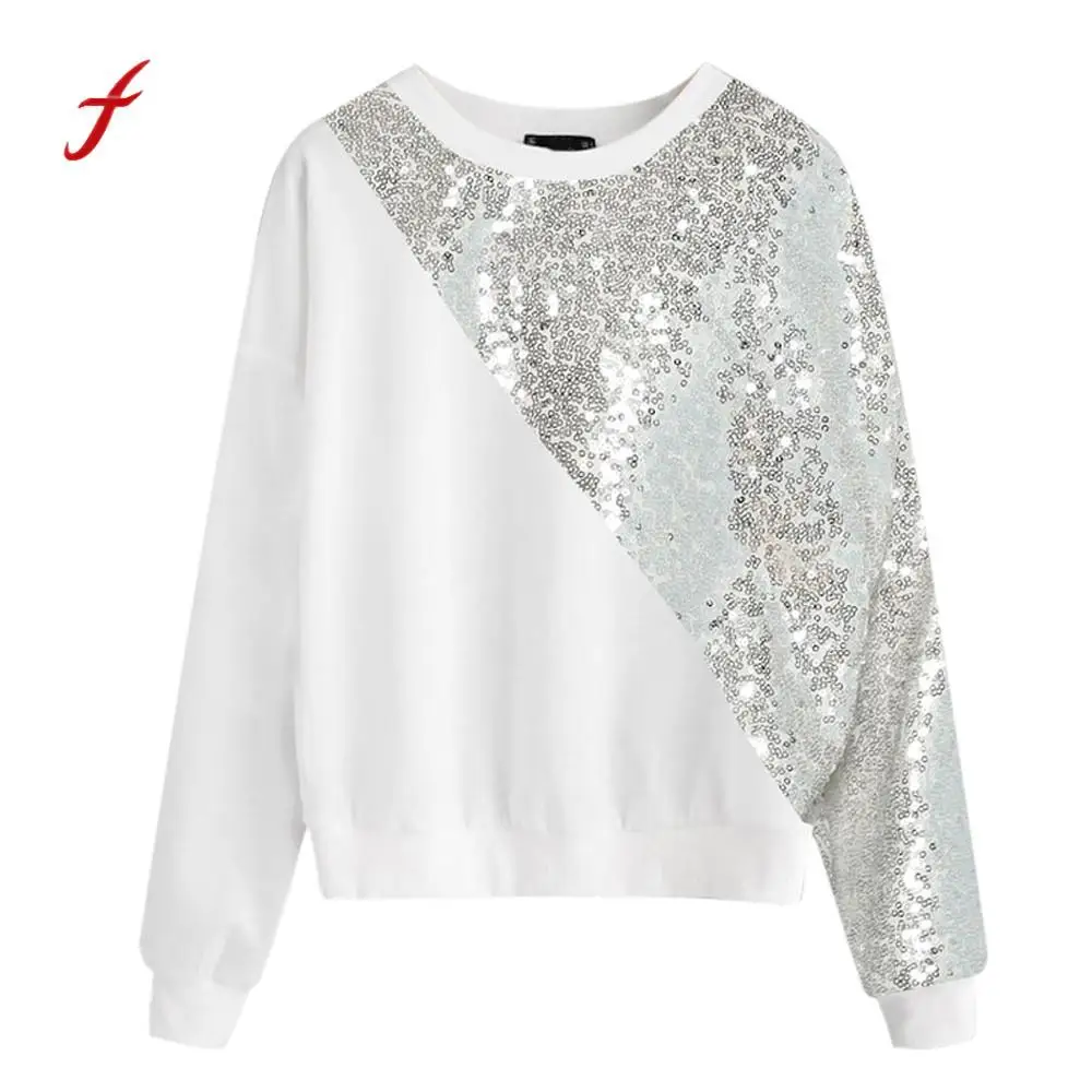 

2018 new arrival autumn winter fashion Fashion Women Blings Sequins Color Block O-Neck Patchwork Sweatshirt Pullover