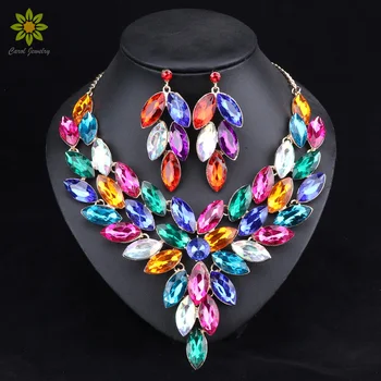 

Leaf Crystal Bridal Wedding Jewelry Sets for Women Gold Color Rhinestone Necklace Earring Sets Jewelry