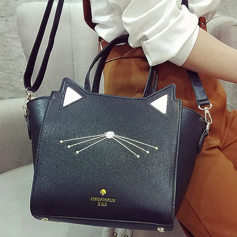 

Cute Cat Pattern Bag for Girl Women Shoulder Bag Black Top-handle Bags Preppy Style Women Messenger Bag Trapeze Tote Handbag Sac