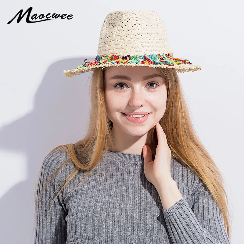 Ladies Girls Straw Jazz Hat Summer Paper Straw Hats Fashion Tassels