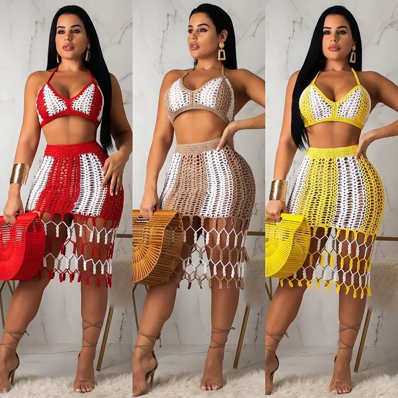 

2PCS/SET Crochet women matching set sexy women hollow out crop top+tassel long dress female summer vacation beach outfits