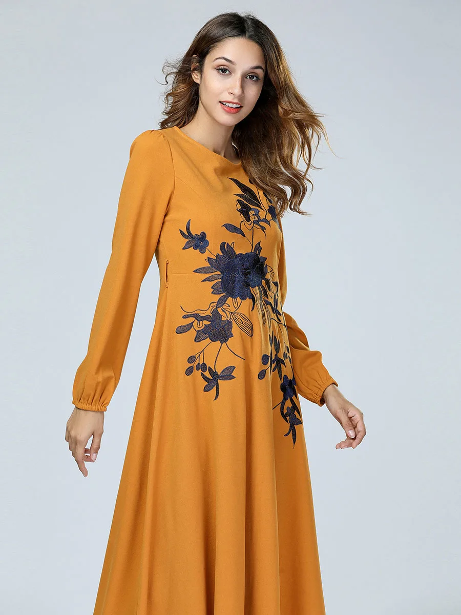 Арцу элегантное желтое женское с длинным рукавом Цветочная вышивка Макси Платье 4XL размера плюс бант на шнуровке зимнее платье повседневное платье Femme