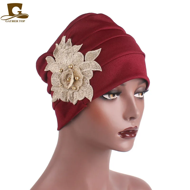 

New elegant gold Flower Muslim Islamic Inner Caps beanie Cap Sleep Turban Hat caps Bonnet Beanie Cap For Cancer Patient