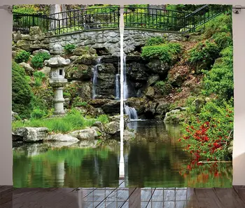 

Japanese Decor Curtains Cascading Waterfall and Pond Under Bridge Reflections of Flowers in The Water Pattern Living Room
