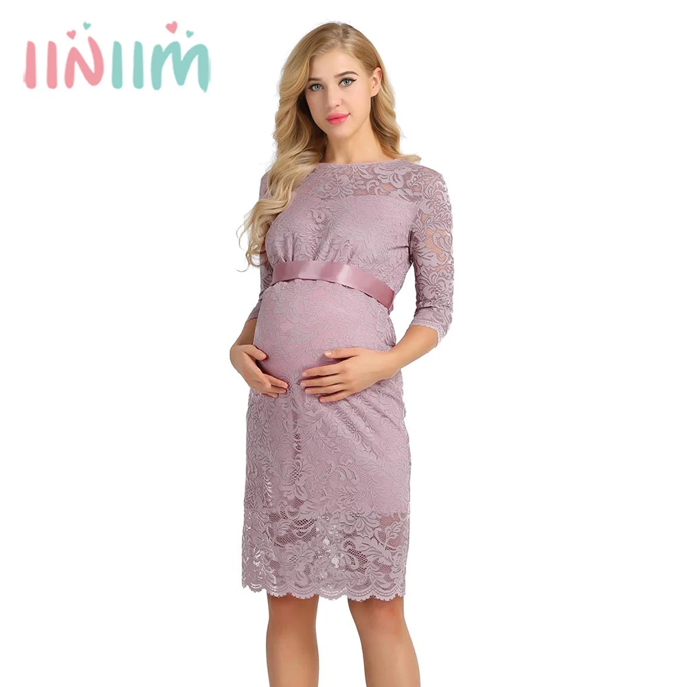 Womens Maternity Elegant Floral Lace Overlay Round Neck Half Sleeve Pregnant Maternity Dresses for Photo Shoot Photography Dress