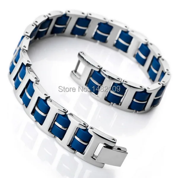

Men's Stainless Steel Rubber Bracelet Link Wrist Silver Blue BLACK I Rectangular Polished Free Shipping