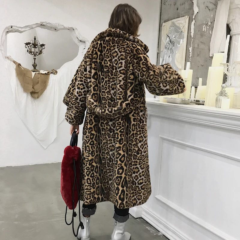 Chic X Long Leopard Faux Fur Coat Jacket Winter Fashion New Pocket Outerwear Thick Warm Cozy Faux Mink Fur Overcoat Female