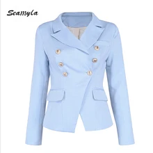 Seamyla/Новые модные льняные блейзеры с длинными рукавами Золотая кнопка-застежка двубортный приталенный Женский блейзер Повседневная модная верхняя одежда