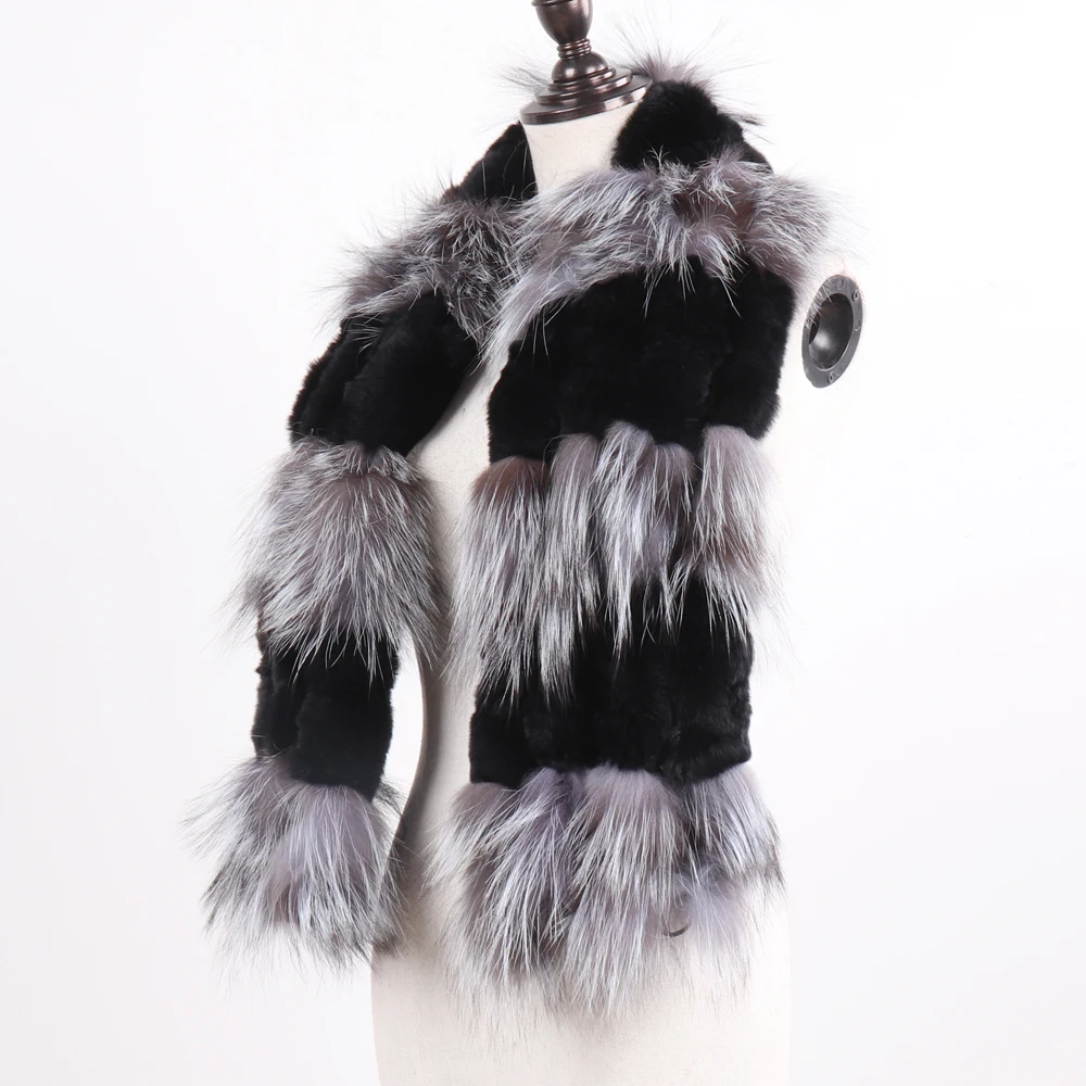 Hot Sale Women Fashion Real Silver Fox Fur Scarf Natural Warm Rex Rabbit Fur Muffler Lady Winter Genuine Fur Scarves